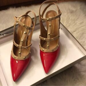 VIZZANO WOMEN RED STUDDED POINTED-TOE High Heel